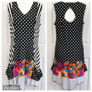 Tango Mango Black & White Polka Dot Stripe Floral Mixed Media Mini Dress